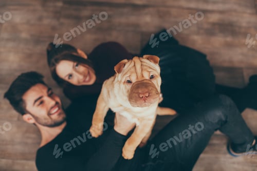 Preview: Happy couple holding Shar Pei puppy