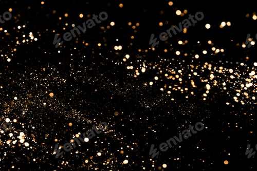 Preview: Black festive background. Abstract scattering of gold sparkles on black. Holiday backdrop