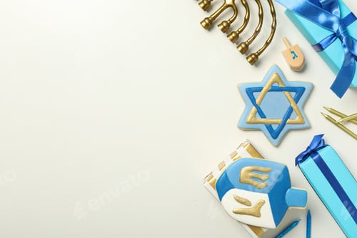 Preview: Gingerbread cookies, gift boxes and Hanukkiah on white background, space for text
