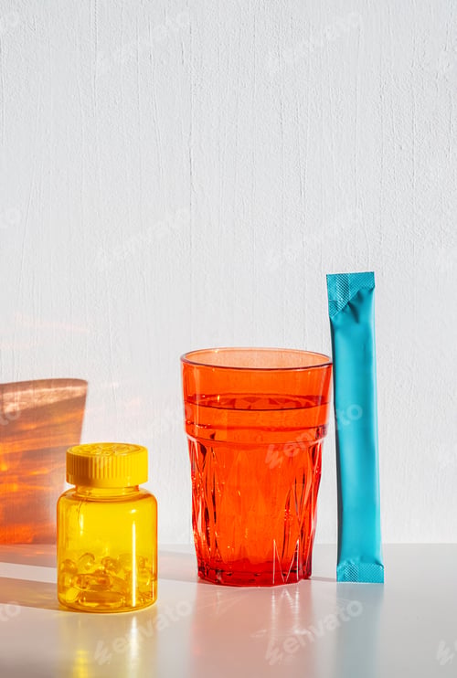 Preview: Vitamins and beverage in colorful containers on white table.