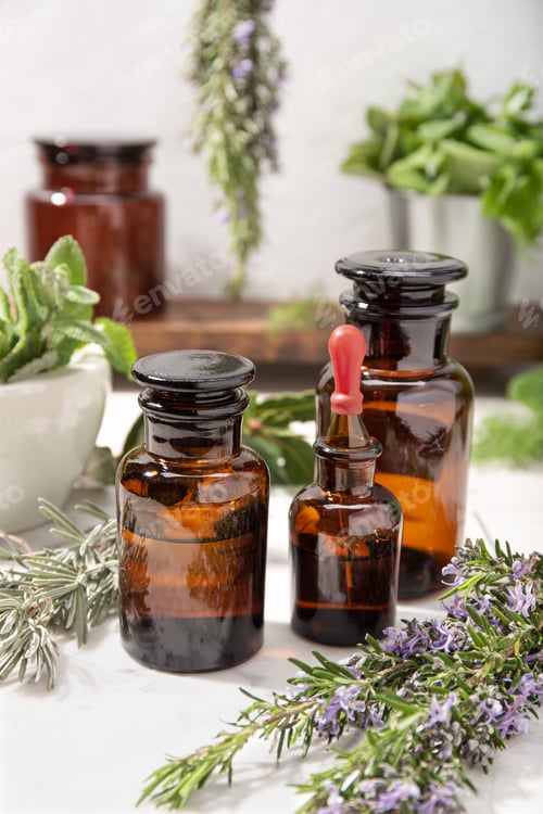 Preview: Herbal essential oil on vintage apothecary bottles