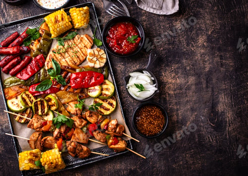 Preview: Assortment of grilled bbq meat and vegetables