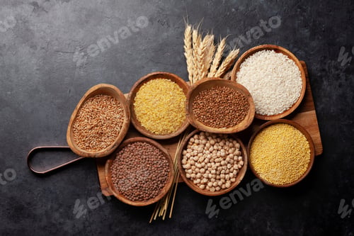 Preview: Gluten free cereals. Rice, buckwheat, corn groats, quinoa and millet