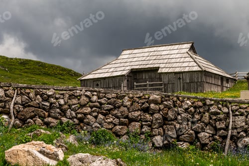 Preview: Velika Planina or Great plateau, Slovenia highlands with architecture of wooden huts and barns