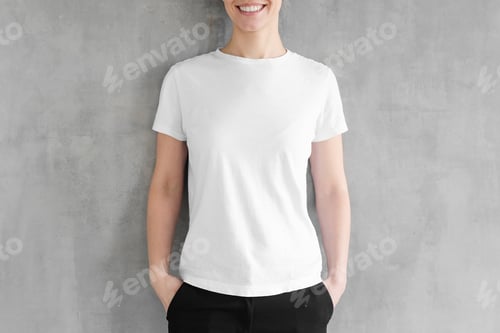 Preview: Mock up of young woman body in empty white t-shirt