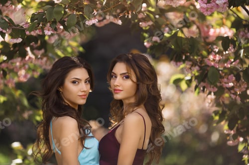 Preview: Spring beauty concept. Fashion Portrait Photo of Two Women Near Blossoming Tree on Nature