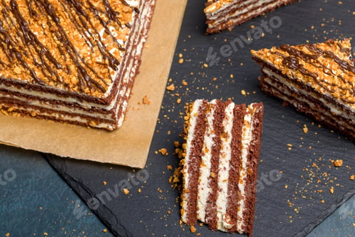 Preview: Chocolate nut cake on a dark background