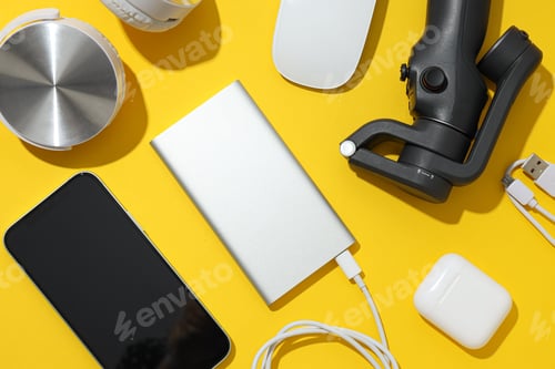 Preview: Power banks and headphones on yellow background, top view