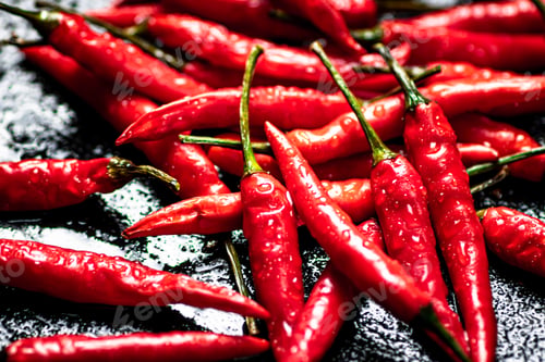 Preview: Pods of hot chili peppers on the table.