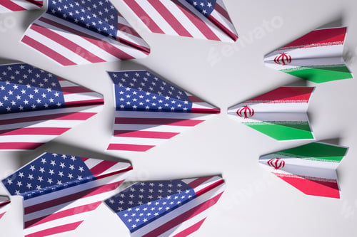 Preview: USA and Iran flags on paper plane. conflict concept