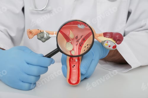Preview: Gynecologist demonstrating model of female reproductive system at table, closeup