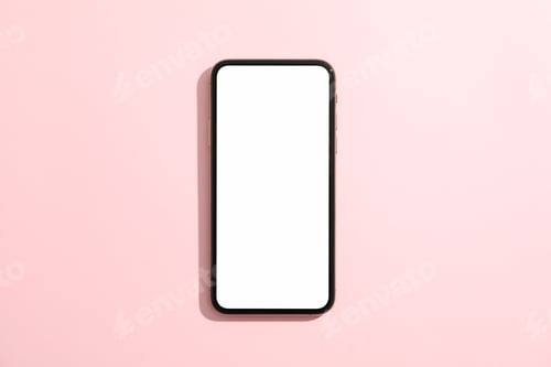 Preview: Phone with empty screen on pink background, top view