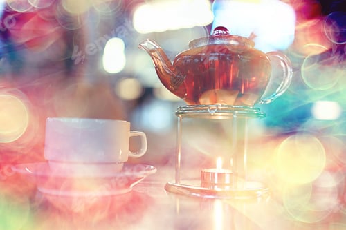 Preview: Young Model Drinks Tea In A Cafe, Vacation Concept Table Setting
