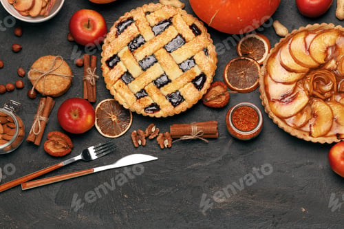 Preview: Berry tart pie and apple tart pie on black background