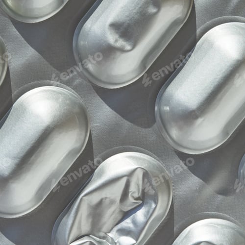 Preview: Silver metallic blister pack with unopened tablets on light surface showing