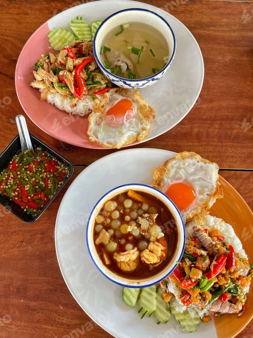 Preview: Rice topped with stir-fried pork and basil, Rice topped with stir fried minced pork and basil with F