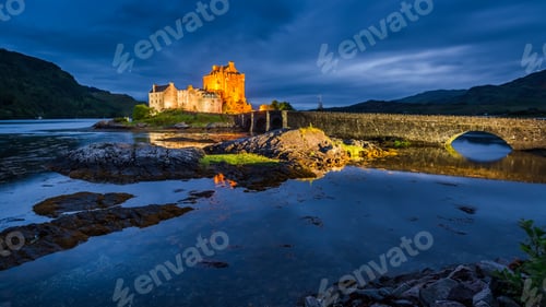 Preview: Beautiful illuminated Eilean Donan Castle at dusk, Scotland