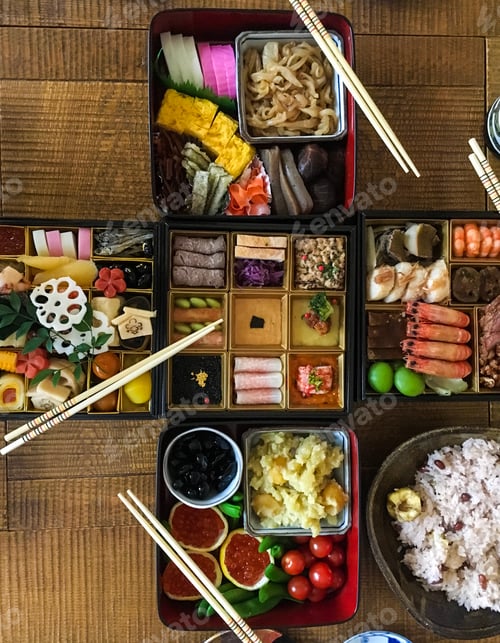 Preview: Festive Food Arrangement with Chopsticks on Wooden Table