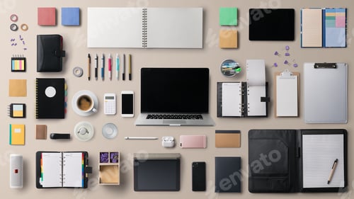 Preview: Flat lay top view office desk working space with laptop and supplies on gray background.
