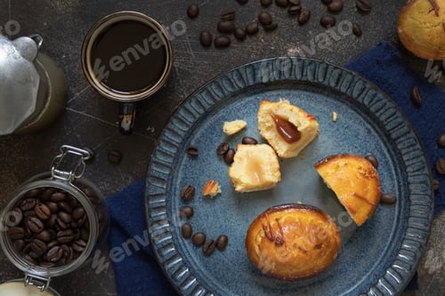 Preview: Pasticciotto leccese pastries on a plate near coffe cup and moka on dark table top view
