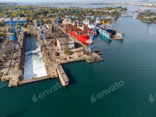 Preview: aerial view shipyard dry dock maintenance and repair cargo ship transport and oil ships in sea