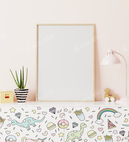 Preview: poster frame mockup in children's room standing of chest of drawers with funny kids print
