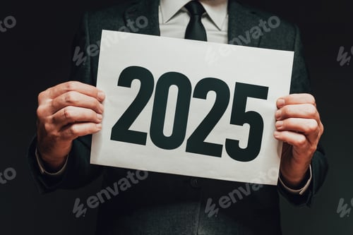 Preview: Businessman holding paper with 2025 number, New Year concept