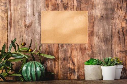 Preview: Blank Kraft card paper with botanical plant with sunlight at wood table and wall