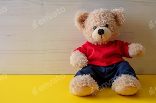 Preview: Teddy bear with red tshirt sitting on the floor, child room