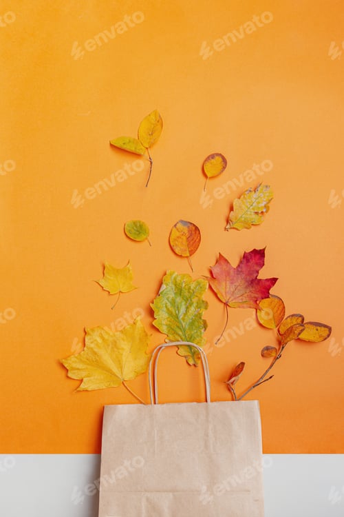 Preview: Fall leaves in craft paper bag on orange background.