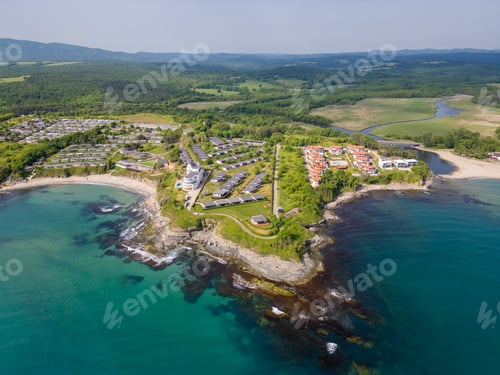 Preview: Aerial view of a scenic Bulgarian coastline with cliffs, turquoise water