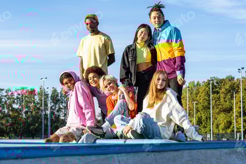 Preview: Multiracial group of young friends bonding outdoors