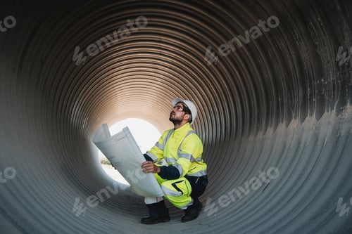 Preview: Engineers working inside a large steel pipe of a tunnel foundation.