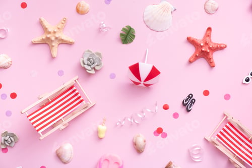 Preview: Accessories for beach holidays - deck chairs, umbrellas, ice cream top view. Beach party concept