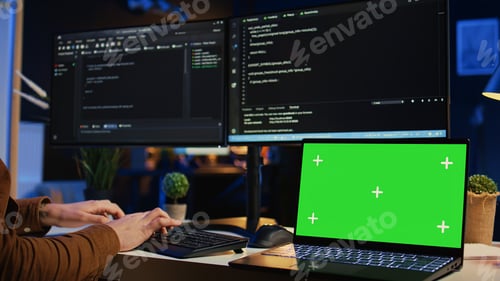 Preview: Green screen laptop in home office used for developing software applications