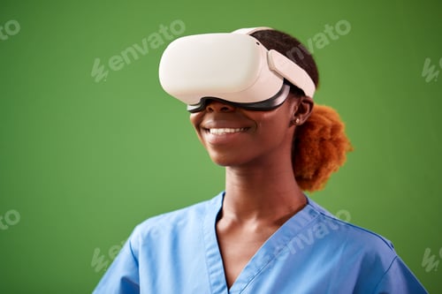 Preview: Female Nurse Or Doctor In Scrubs With VR Headset Interacting With AR Technology Against Green Screen