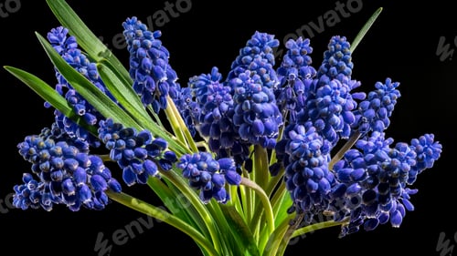 Preview: Blooming Muscari Alida flowers on a black background