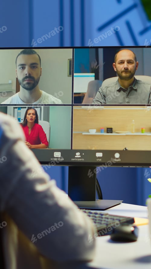 Preview: Back view of business woman talking about sale report in video conference