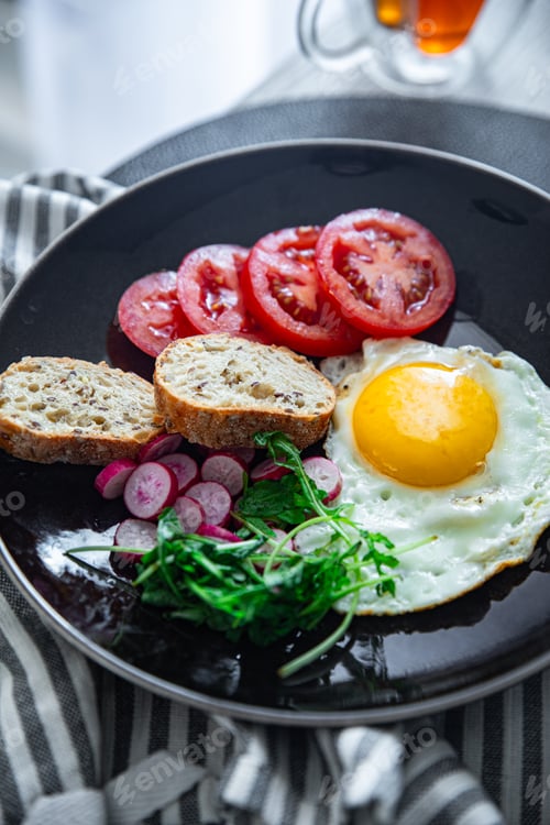 Preview: egg fried breakfast tasty fresh vegetable, toasted bread eating cooking appetizer meal food snack