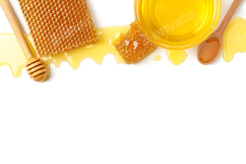 Preview: Composition with honeycombs, honey and dipper on white background