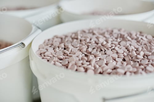 Preview: Plastic Container Full of Pills Stored in Pharmaceutical Factory Warehouse