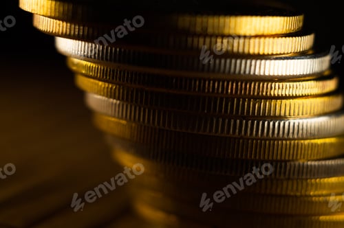 Preview: Closeup shot of gold and silver coins scattered on a surface illuminated with bright light