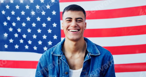 Preview: Smile, patriotism and portrait with man on american flag for democracy, freedom or home of brave. C