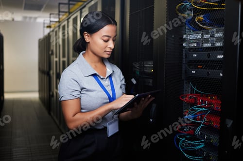 Preview: Woman, tablet and data center in inspection, programming and coding of power solution, cables check