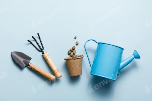 Preview: Garden tools on blue background. Spring garden works concept.