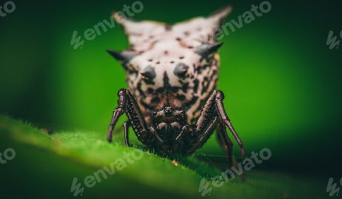 Preview: Closeup shot of a Spined Micrathena spider on a green leaf