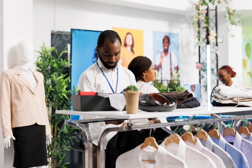 Preview: Clothes mall worker laying out shirts and accessories