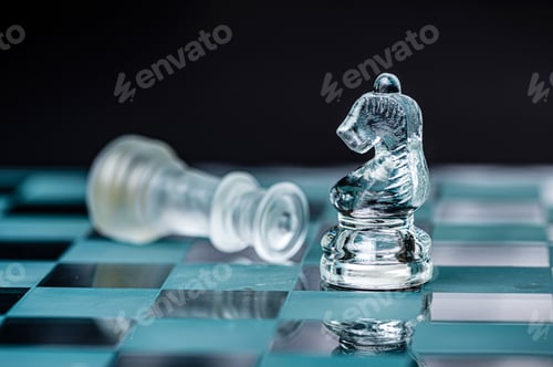 Preview: transparent glass chess on dark background, selective focus on horse piece, close-up