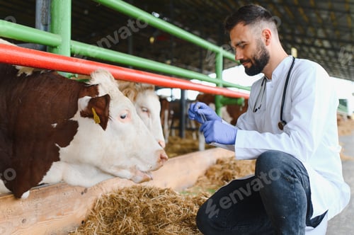 Preview: Veterinarian preparing syringe for cow vaccination on farm