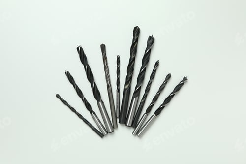Preview: Set of drills on white background, close up